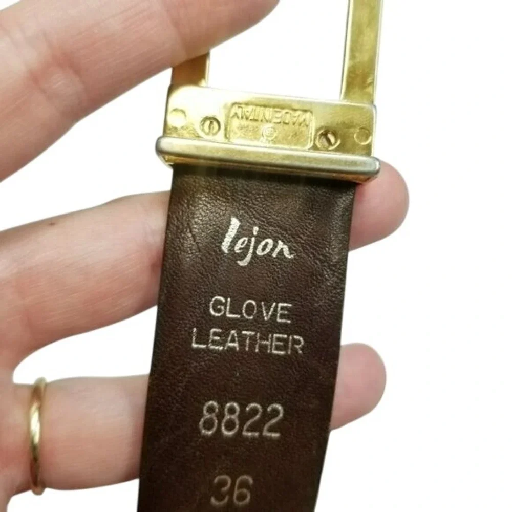 Vintage Lejon Glove Leather Belt Size 36 Brown Gold Buckle Square‎ Pin Closure